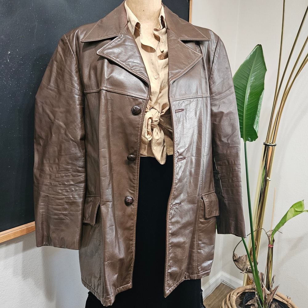 Vintage 70s‎ Brown Leather Car Coat Jacket Notched Lapel Lined M L